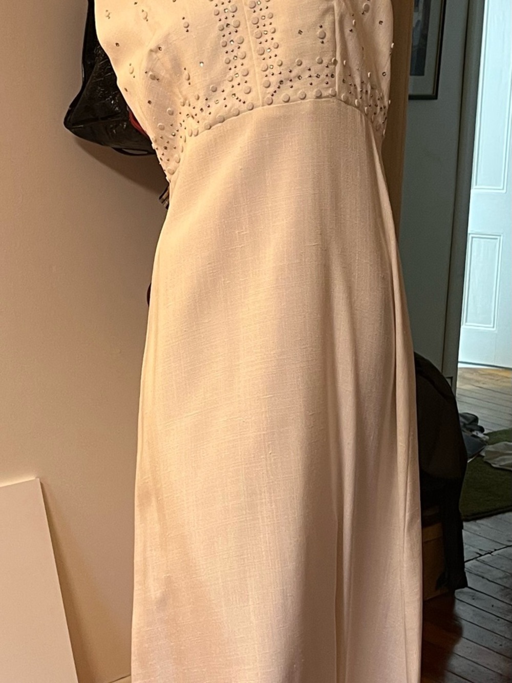VINTAGE Ivory Embellished Linen Maxi Dress